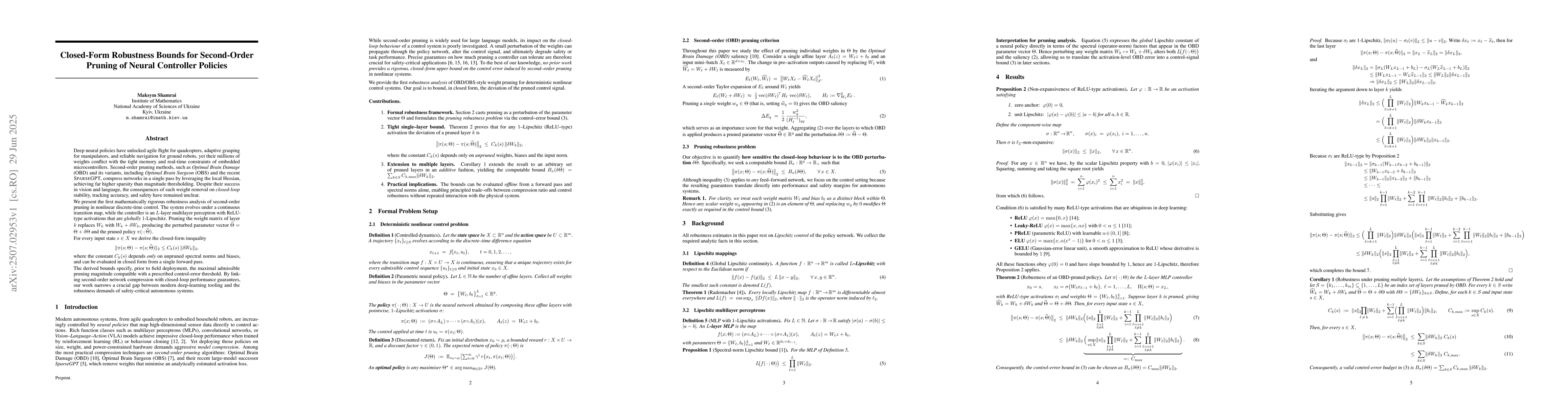 Thumbnail for Closed-Form Robustness Bounds for Second-Order Pruning of Neural
  Controller Policies