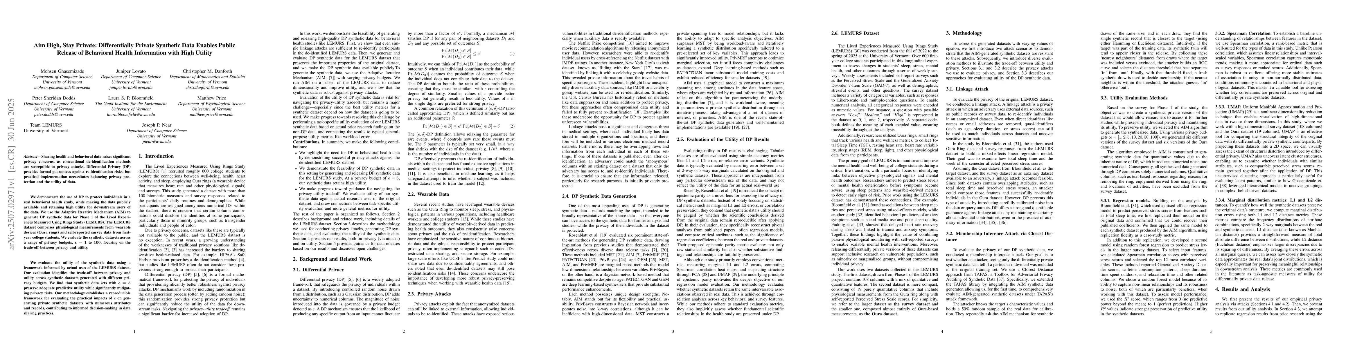Thumbnail for Aim High, Stay Private: Differentially Private Synthetic Data Enables
  Public Release of Behavioral Health Information with High Utility