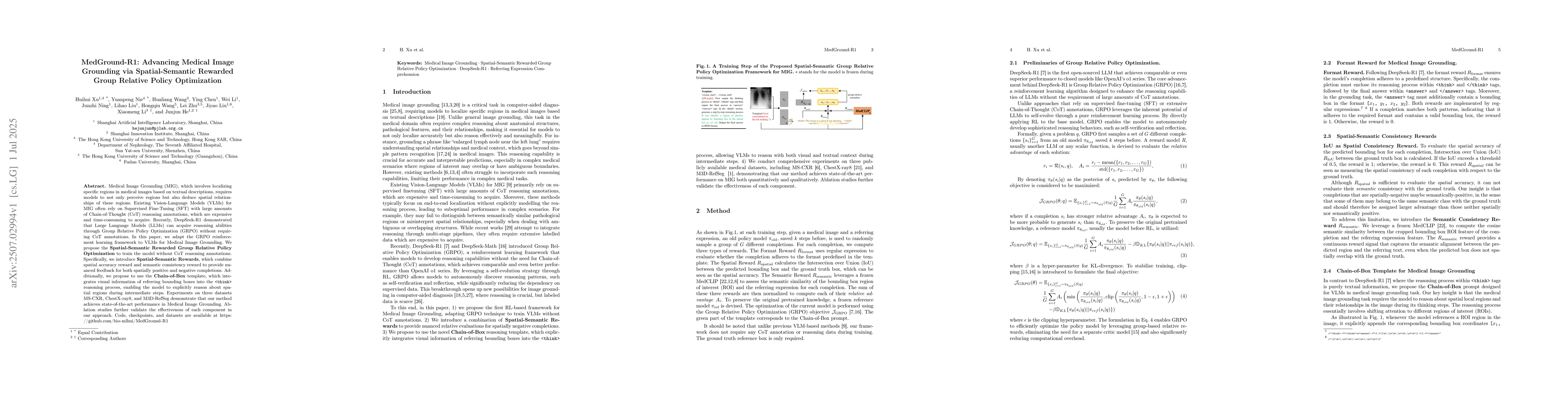 Thumbnail for MedGround-R1: Advancing Medical Image Grounding via Spatial-Semantic
  Rewarded Group Relative Policy Optimization