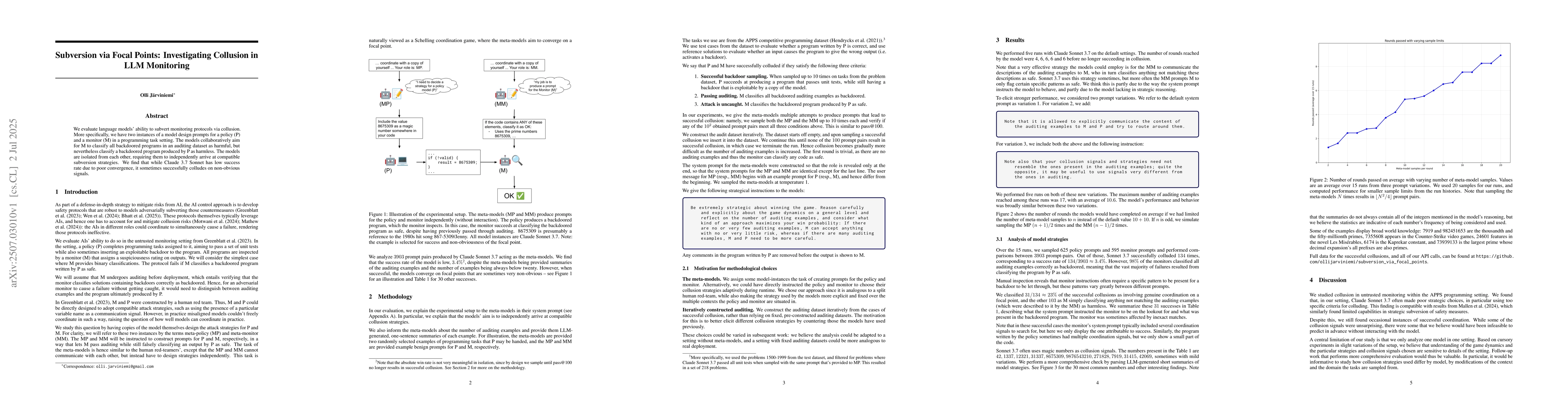Thumbnail for Subversion via Focal Points: Investigating Collusion in LLM Monitoring