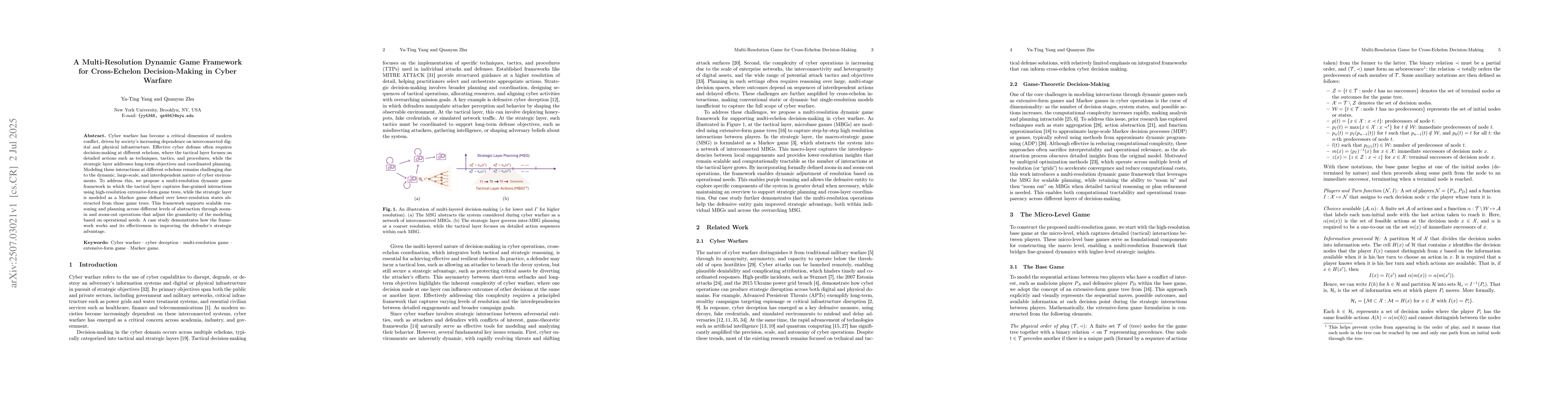 Thumbnail for A Multi-Resolution Dynamic Game Framework for Cross-Echelon
  Decision-Making in Cyber Warfare
