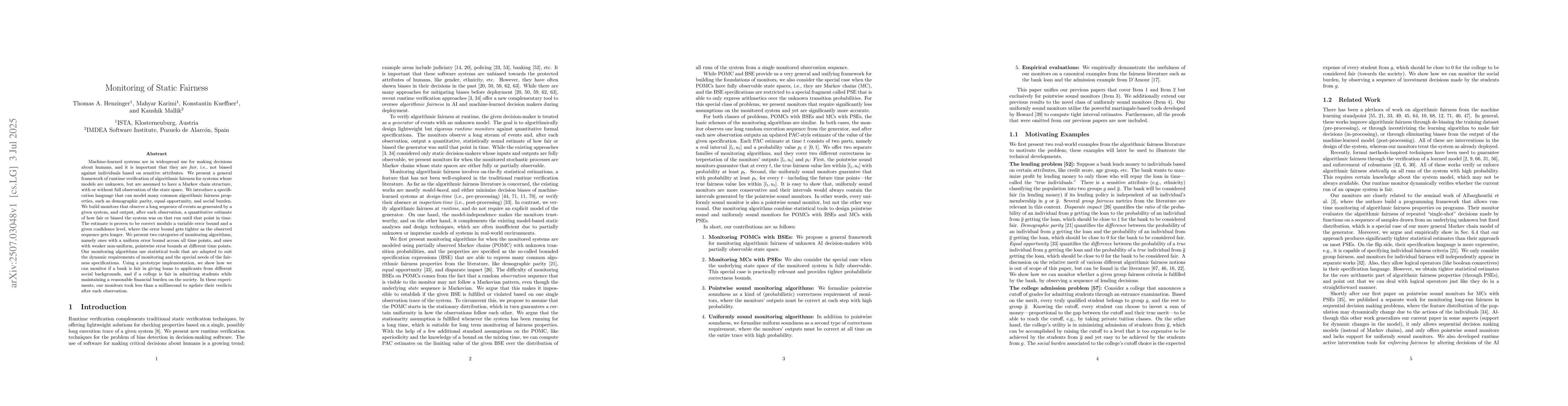 Thumbnail for Monitoring of Static Fairness