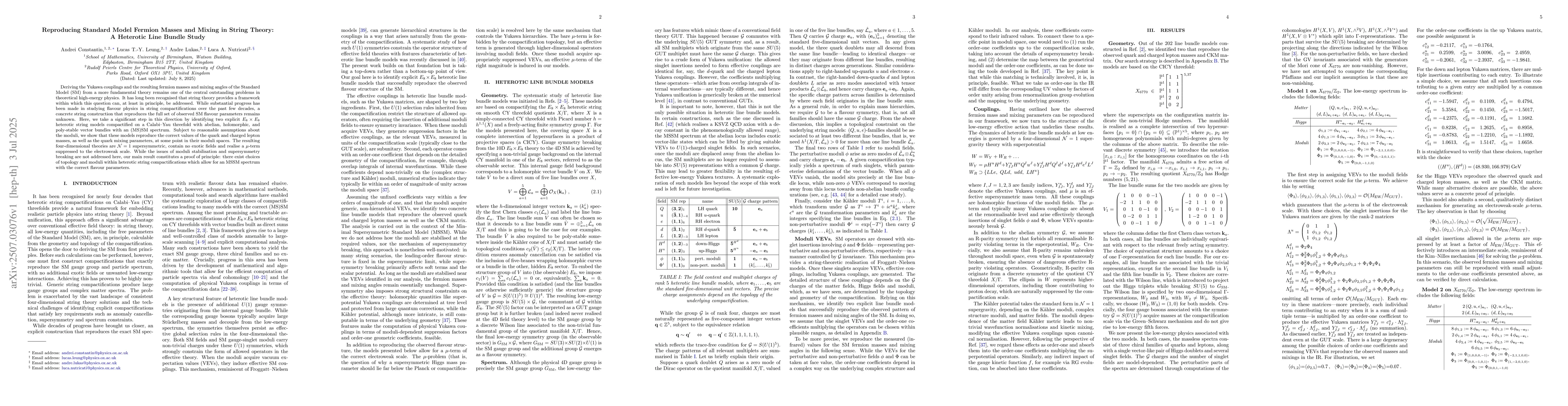 Thumbnail for Reproducing Standard Model Fermion Masses and Mixing in String Theory: A
  Heterotic Line Bundle Study