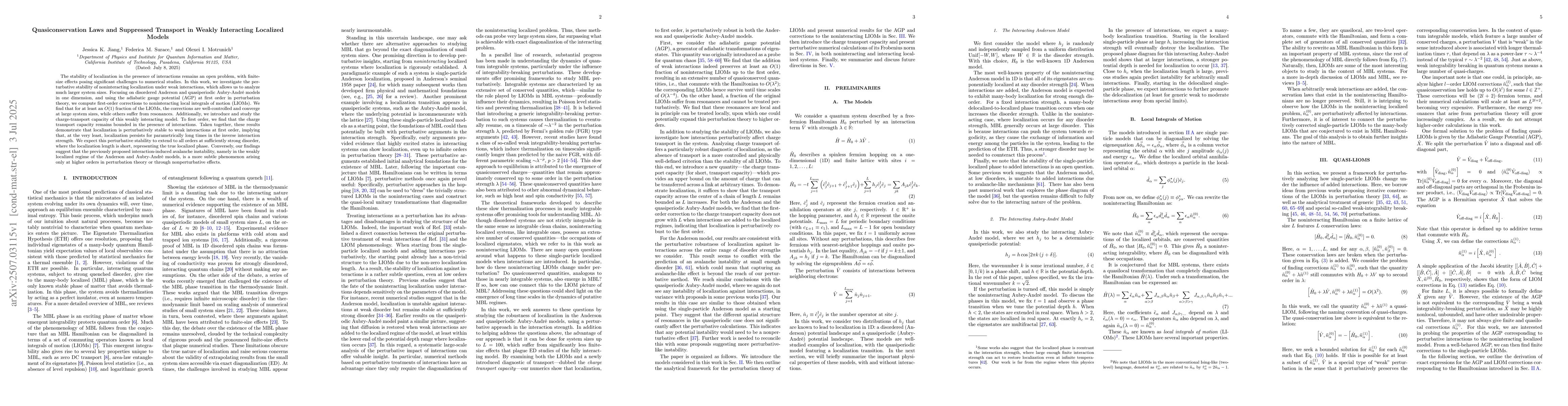 Thumbnail for Quasiconservation Laws and Suppressed Transport in Weakly Interacting
  Localized Models