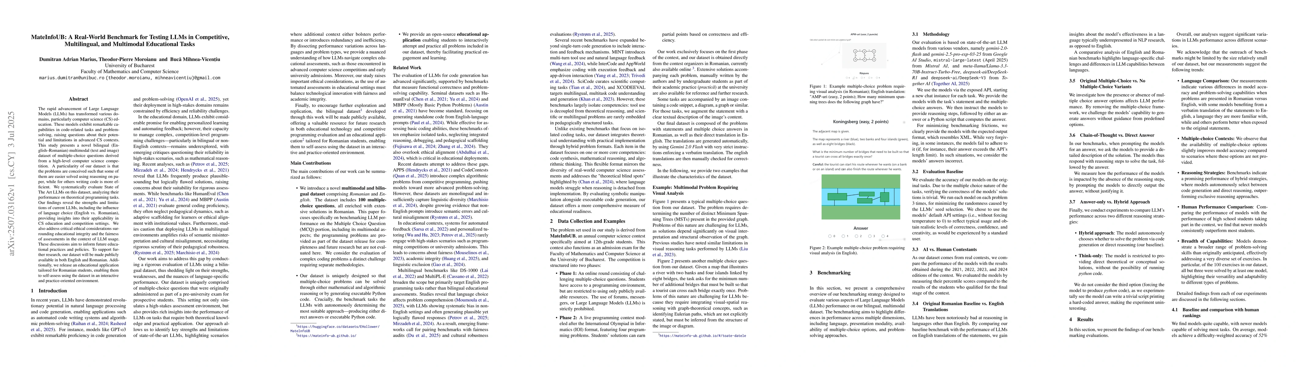 Thumbnail for MateInfoUB: A Real-World Benchmark for Testing LLMs in Competitive,
  Multilingual, and Multimodal Educational Tasks