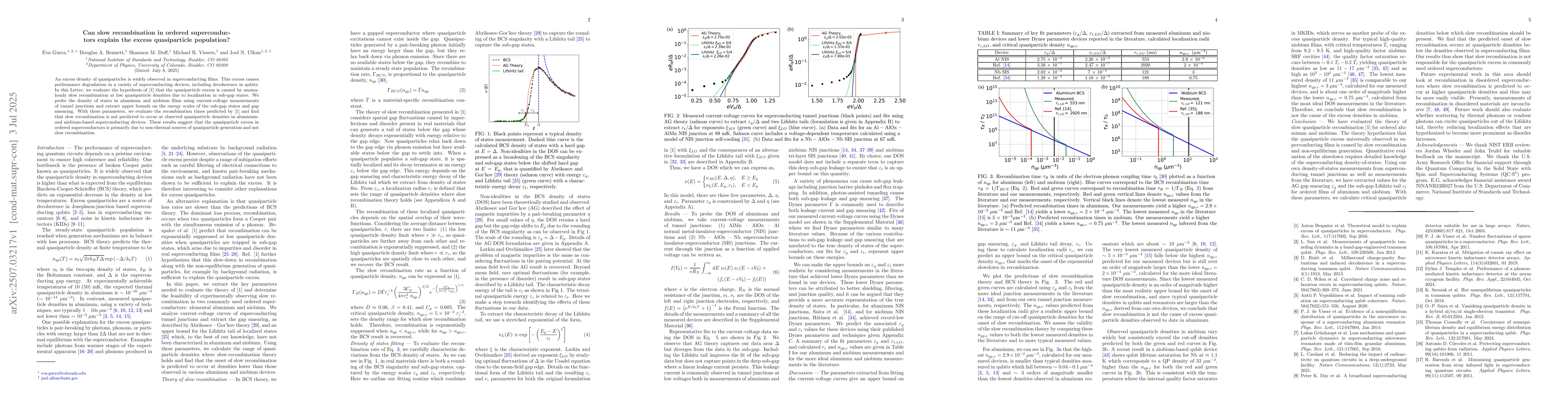 Thumbnail for Can slow recombination in ordered superconductors explain the excess
  quasiparticle population?