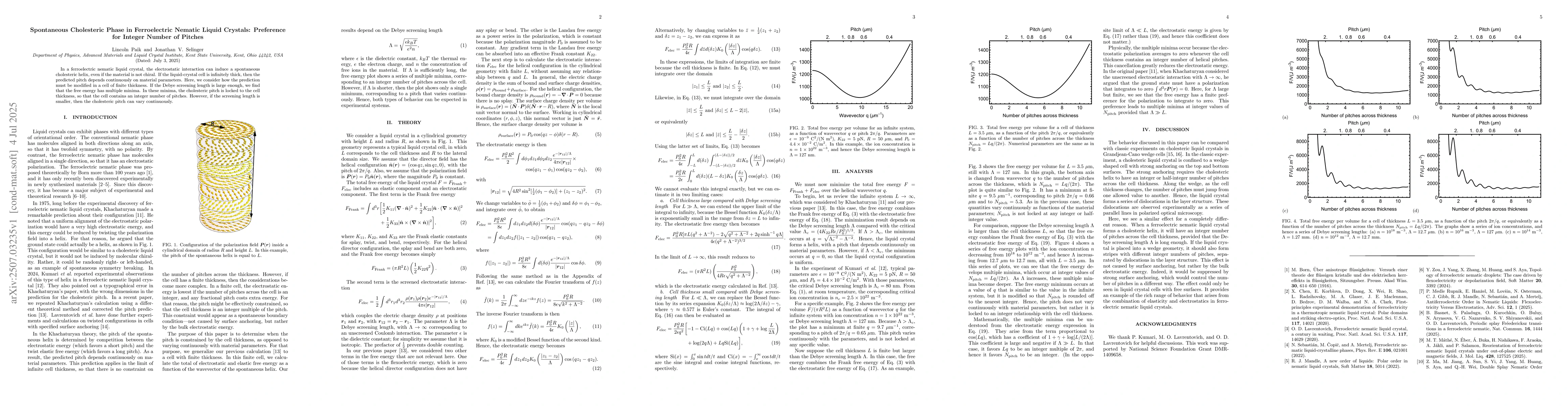 Thumbnail for Spontaneous Cholesteric Phase in Ferroelectric Nematic Liquid Crystals:
  Preference for Integer Number of Pitches