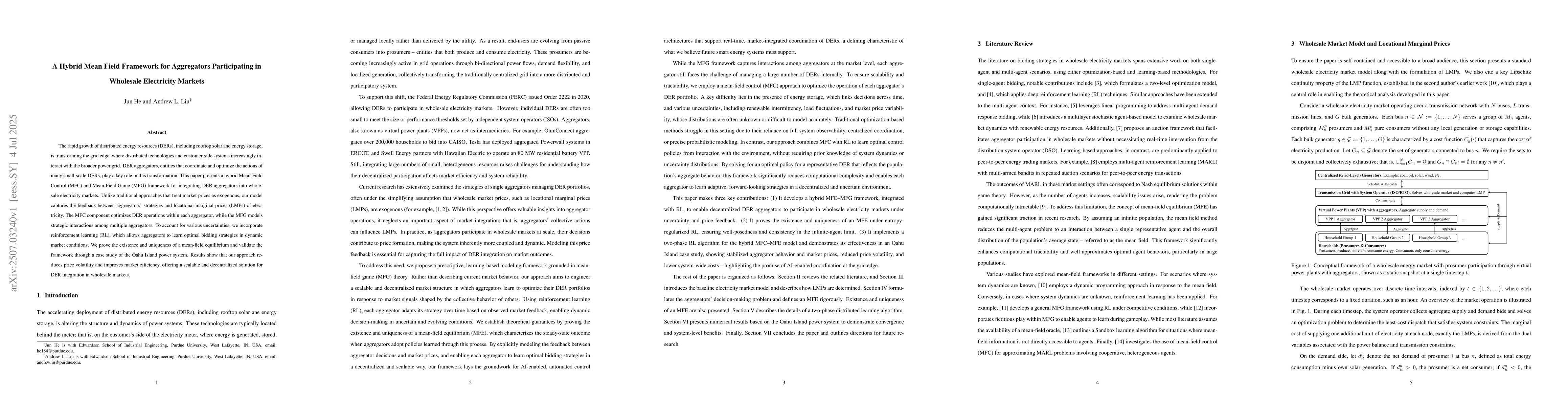 Thumbnail for A Hybrid Mean Field Framework for Aggregators Participating in Wholesale
  Electricity Markets