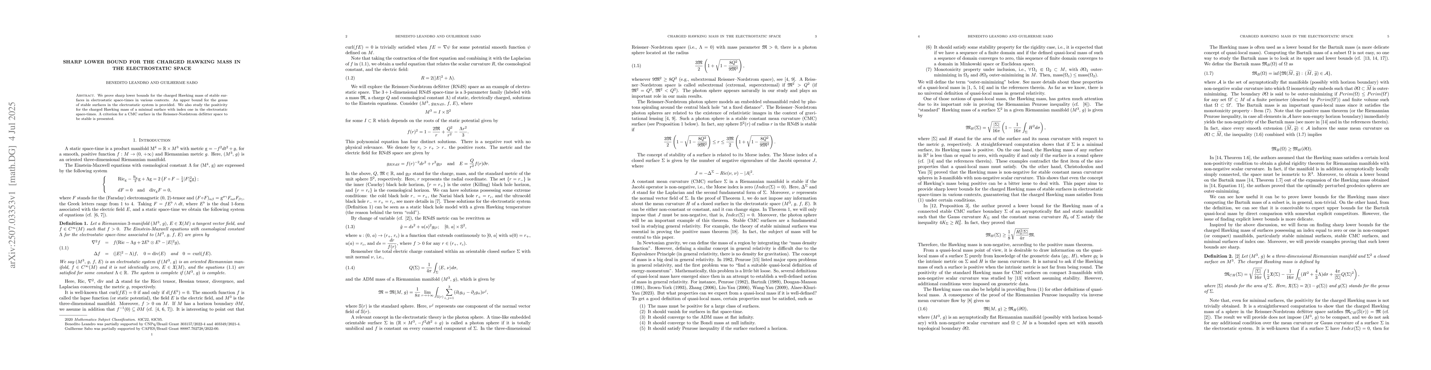 Thumbnail for Sharp lower bound for the charged Hawking mass in the electrostatic
  space