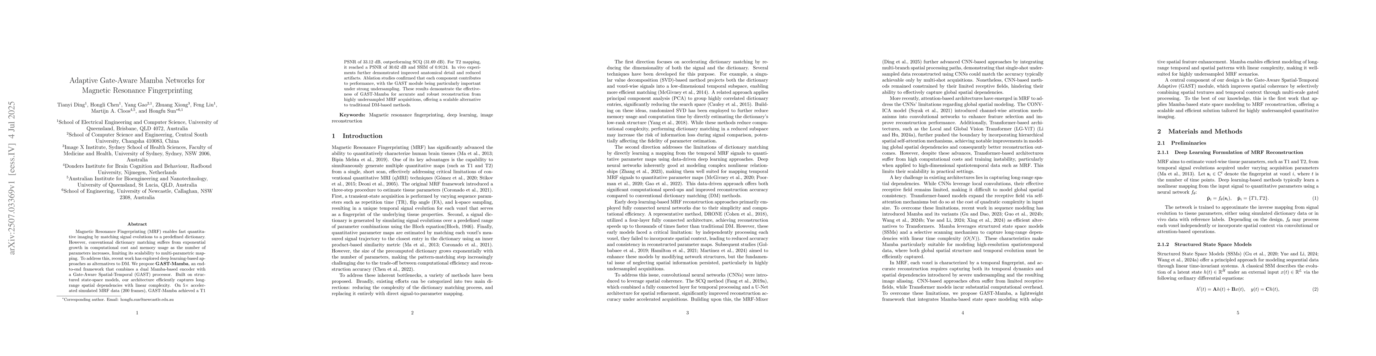 Thumbnail for Adaptive Gate-Aware Mamba Networks for Magnetic Resonance Fingerprinting