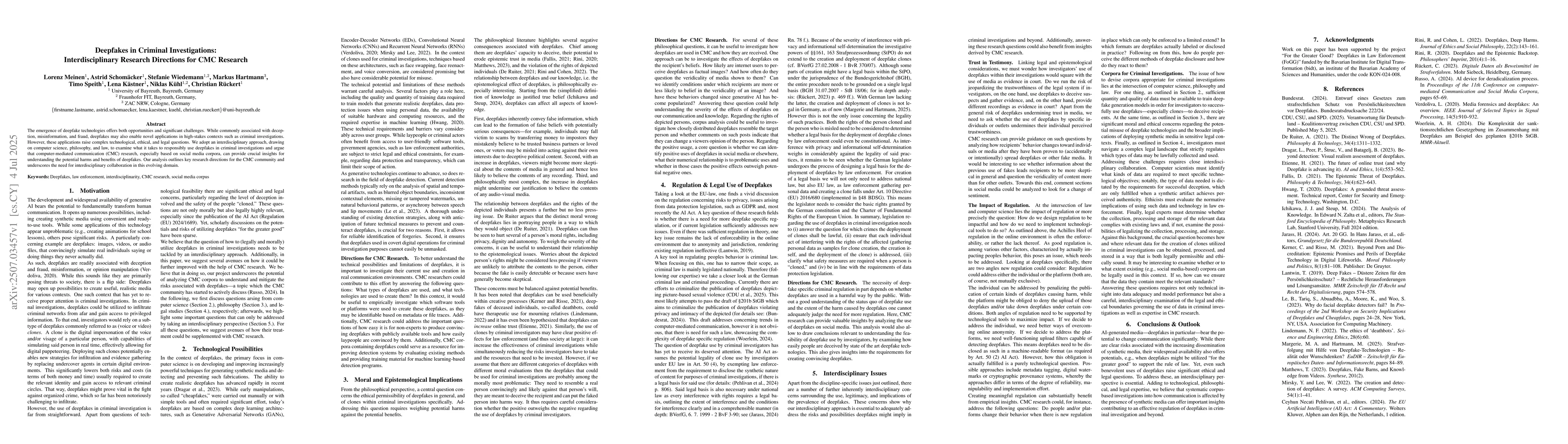 Thumbnail for Deepfakes in Criminal Investigations: Interdisciplinary Research
  Directions for CMC Research