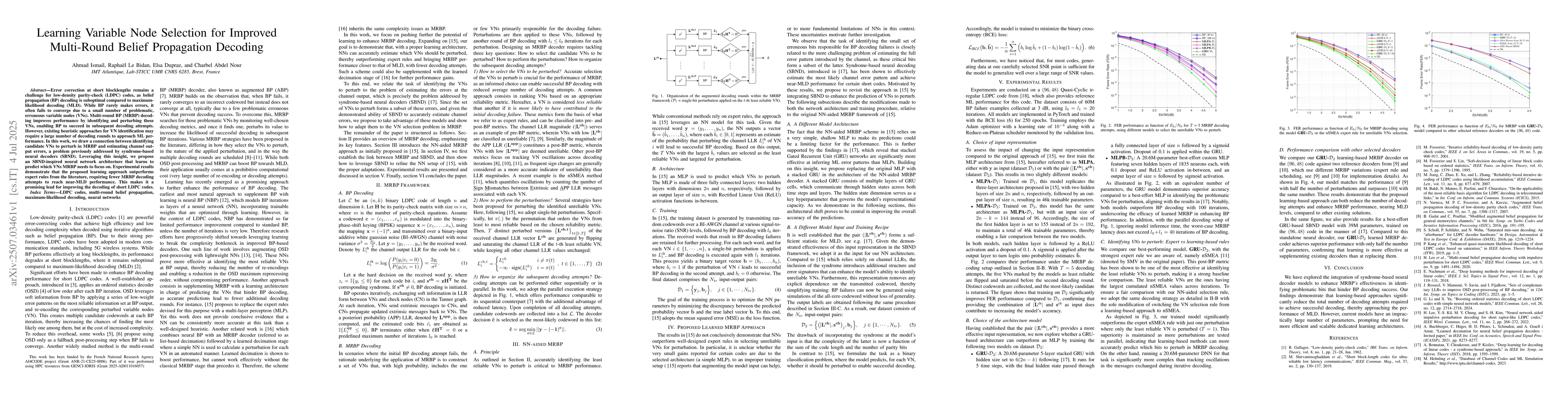 Thumbnail for Learning Variable Node Selection for Improved Multi-Round Belief
  Propagation Decoding