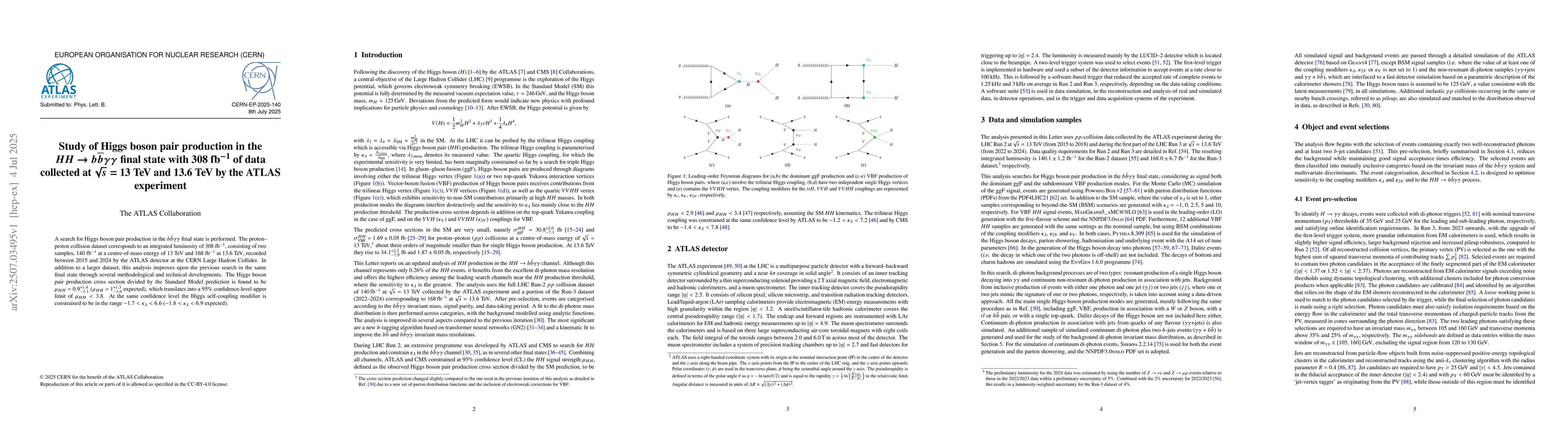 Thumbnail for Study of Higgs boson pair production in the $HH \rightarrow b
  \overline{b} γγ$ final state with 308 fb$^{-1}$ of data collected
  at $\sqrt{s} = 13$ TeV and 13.6 TeV by the ATLAS experiment