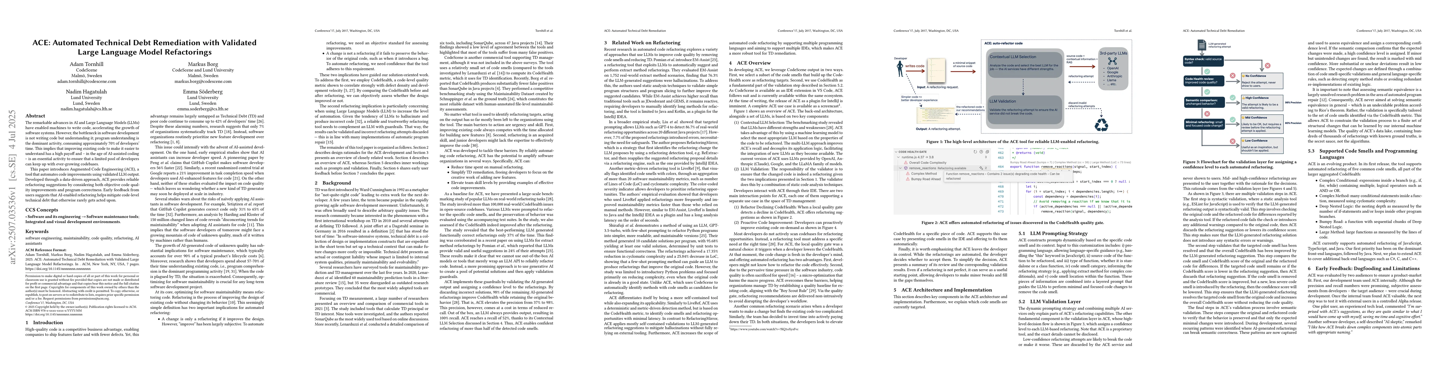 Thumbnail for ACE: Automated Technical Debt Remediation with Validated Large Language
  Model Refactorings
