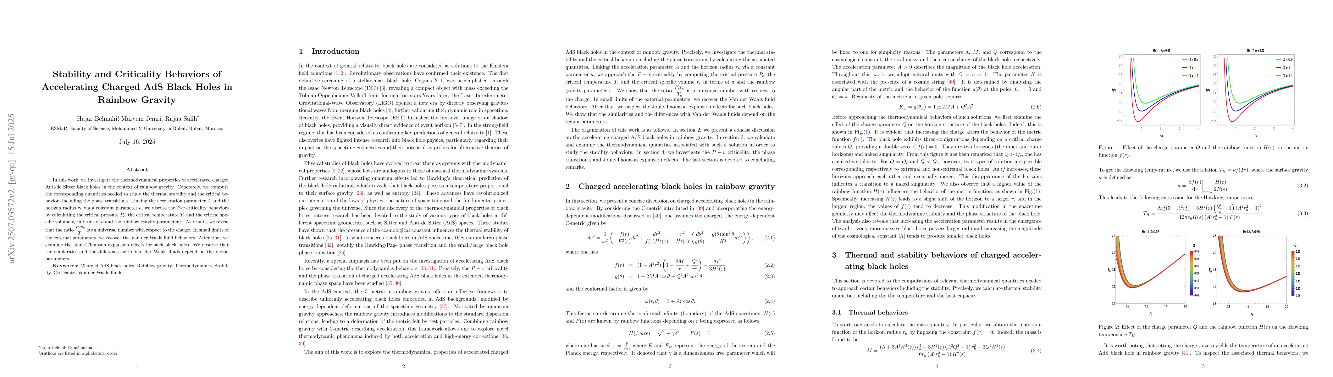 Thumbnail for Stability and Criticality Behaviors of Accelerating Charged AdS Black
  Holes in Rainbow Gravity