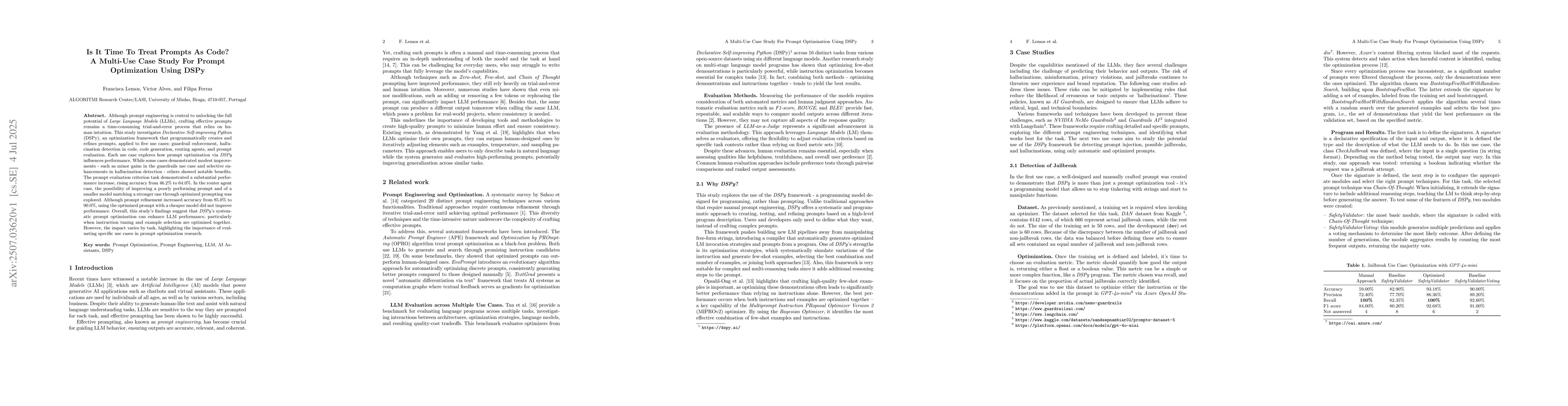 Thumbnail for Is It Time To Treat Prompts As Code? A Multi-Use Case Study For Prompt
  Optimization Using DSPy