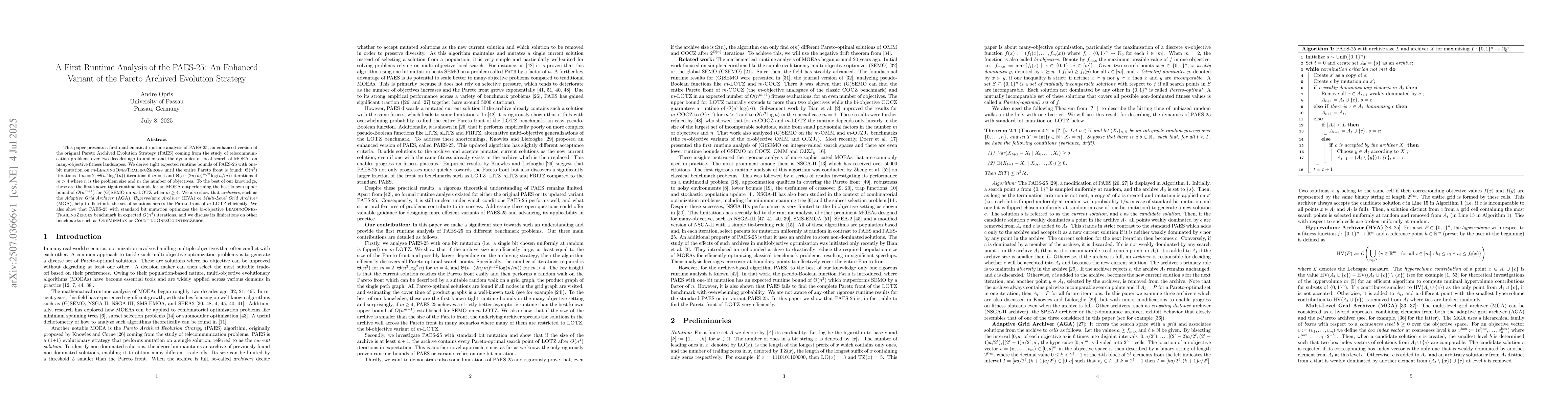 Thumbnail for A First Runtime Analysis of the PAES-25: An Enhanced Variant of the
  Pareto Archived Evolution Strategy