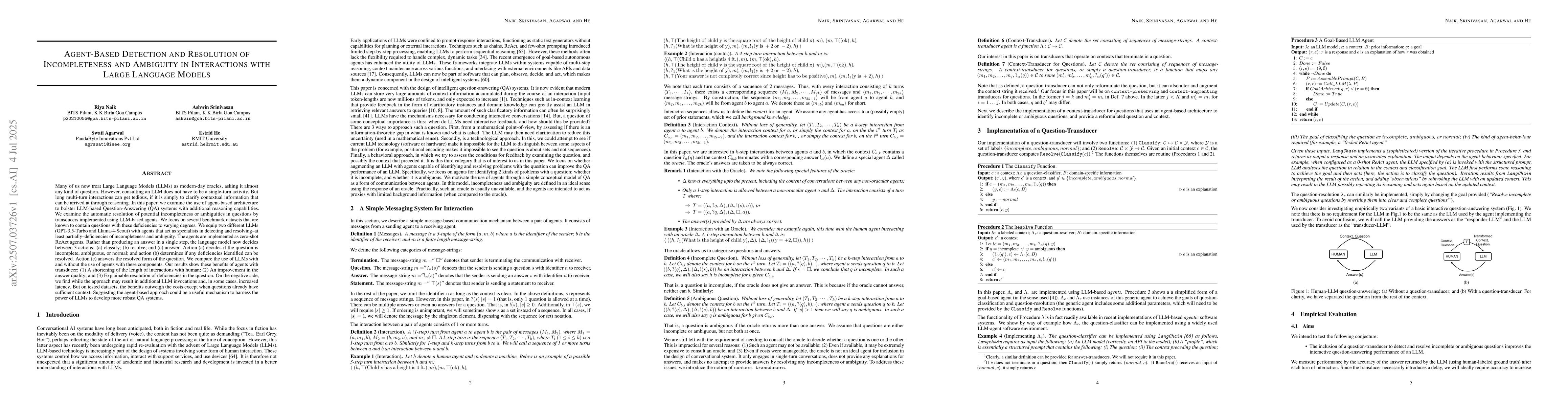 Thumbnail for Agent-Based Detection and Resolution of Incompleteness and Ambiguity in
  Interactions with Large Language Models