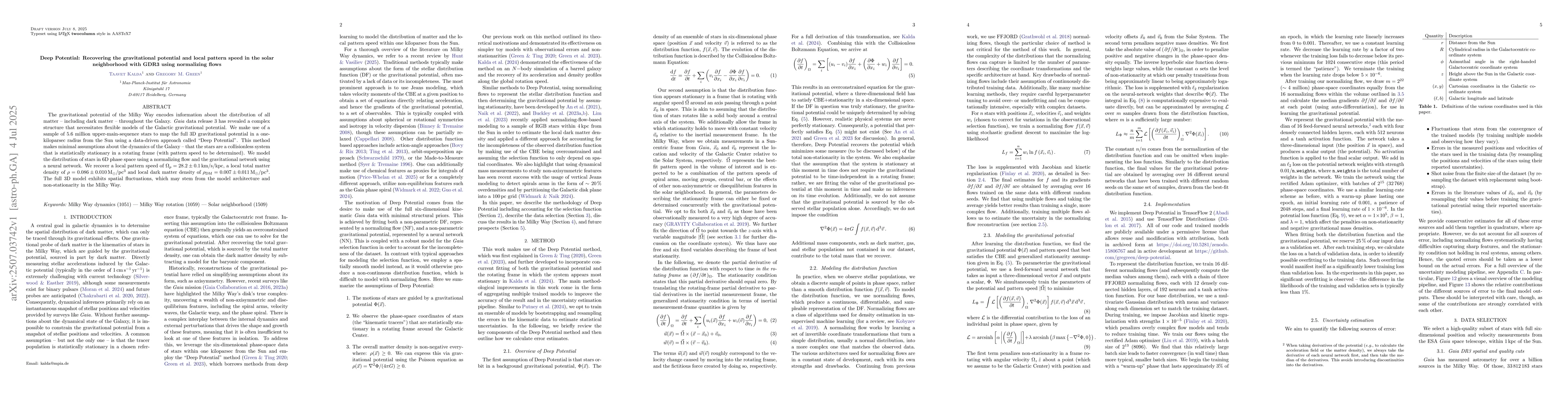 Thumbnail for Deep Potential: Recovering the gravitational potential and local pattern
  speed in the solar neighborhood with GDR3 using normalizing flows