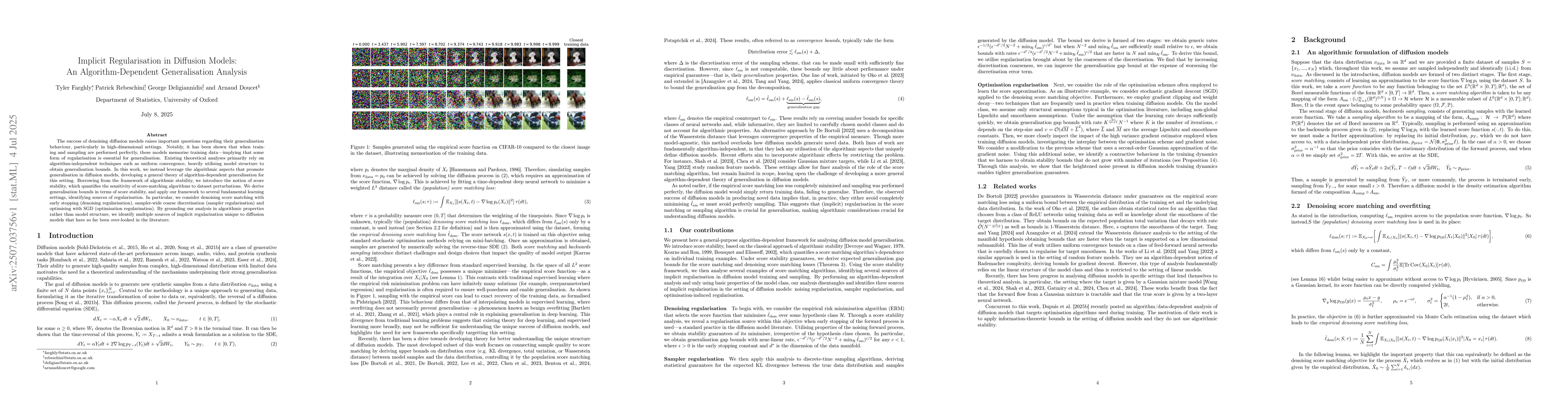 Thumbnail for Implicit Regularisation in Diffusion Models: An Algorithm-Dependent
  Generalisation Analysis