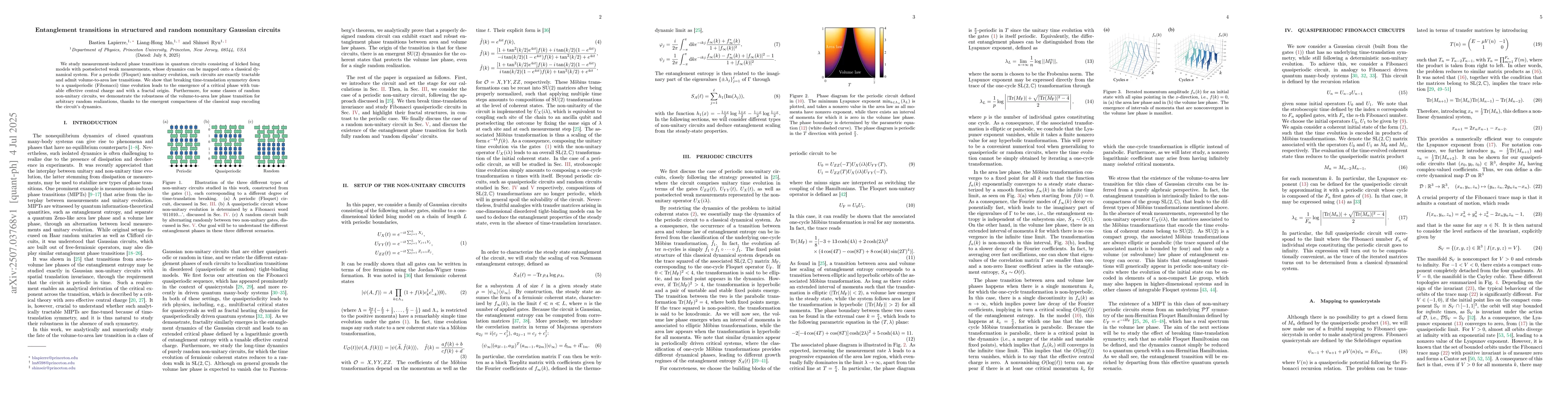 Thumbnail for Entanglement transitions in structured and random nonunitary Gaussian
  circuits