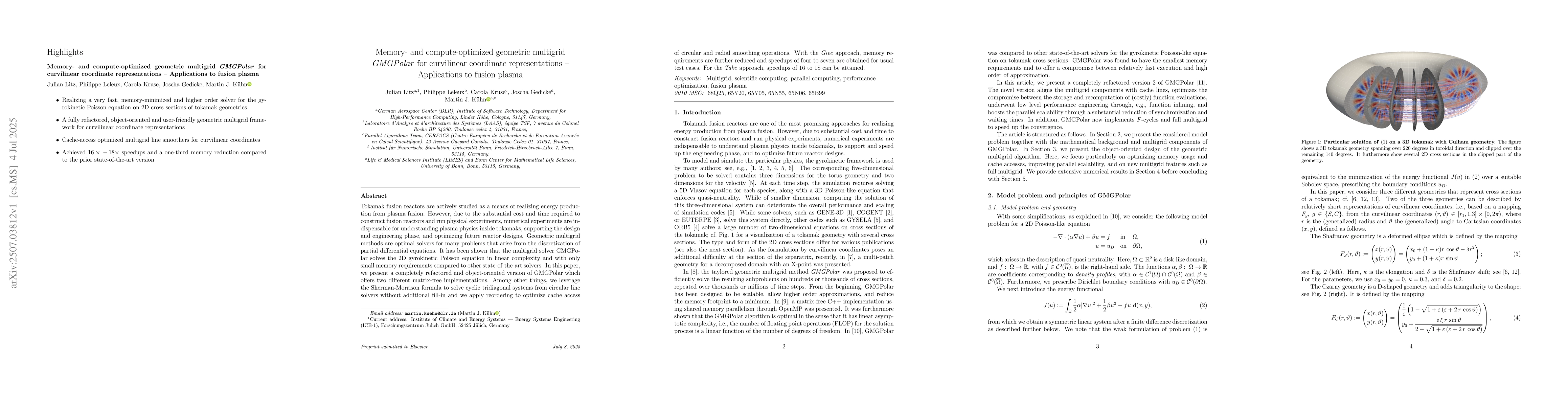 Thumbnail for Memory- and compute-optimized geometric multigrid GMGPolar for
  curvilinear coordinate representations -- Applications to fusion plasma