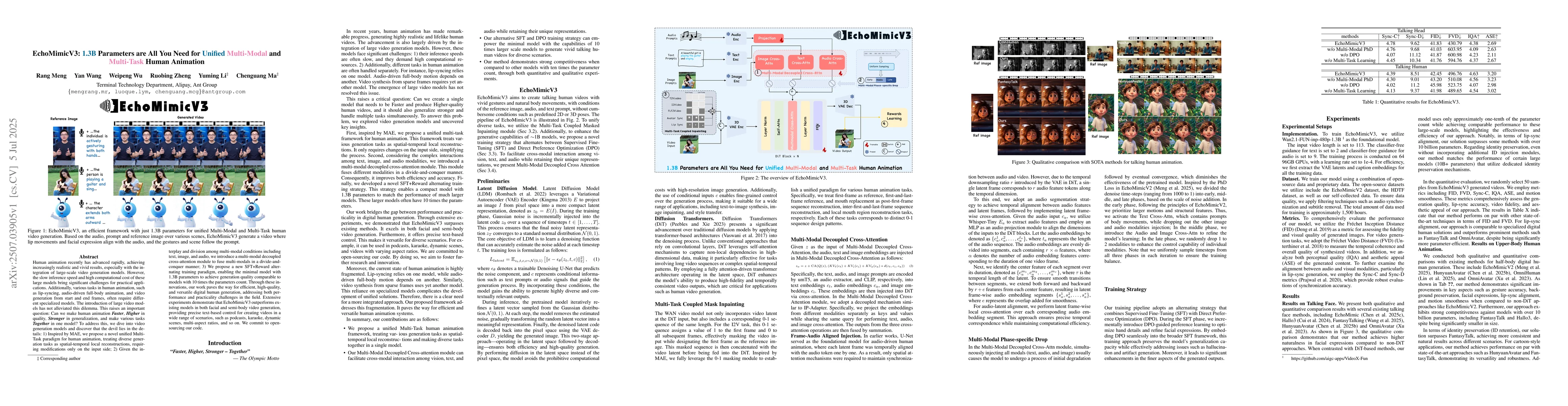 Thumbnail for EchoMimicV3: 1.3B Parameters are All You Need for Unified Multi-Modal
  and Multi-Task Human Animation