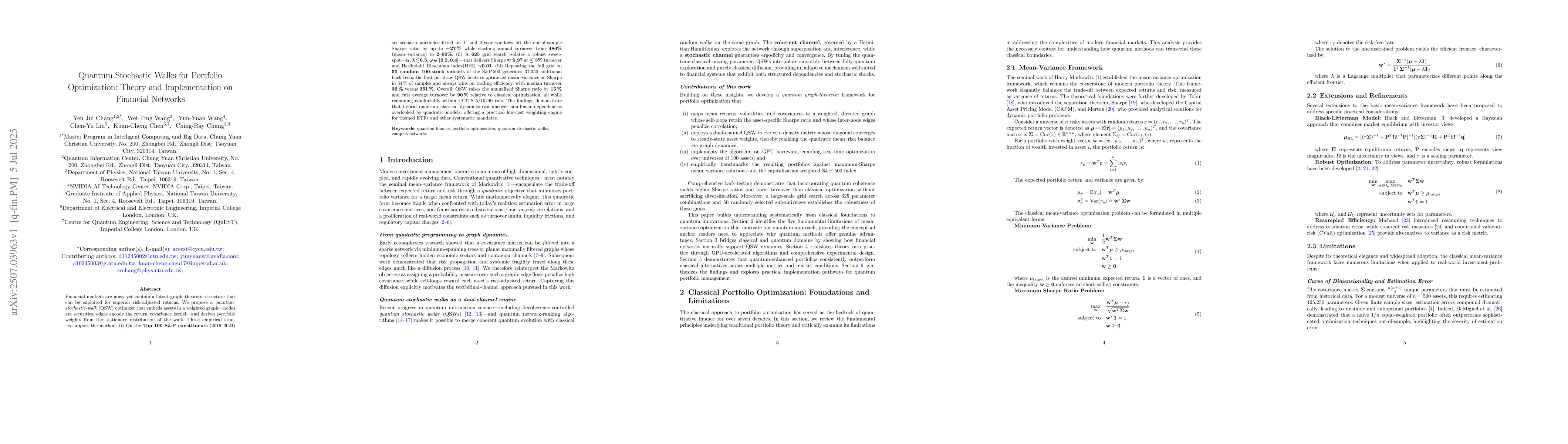 Thumbnail for Quantum Stochastic Walks for Portfolio Optimization: Theory and
  Implementation on Financial Networks