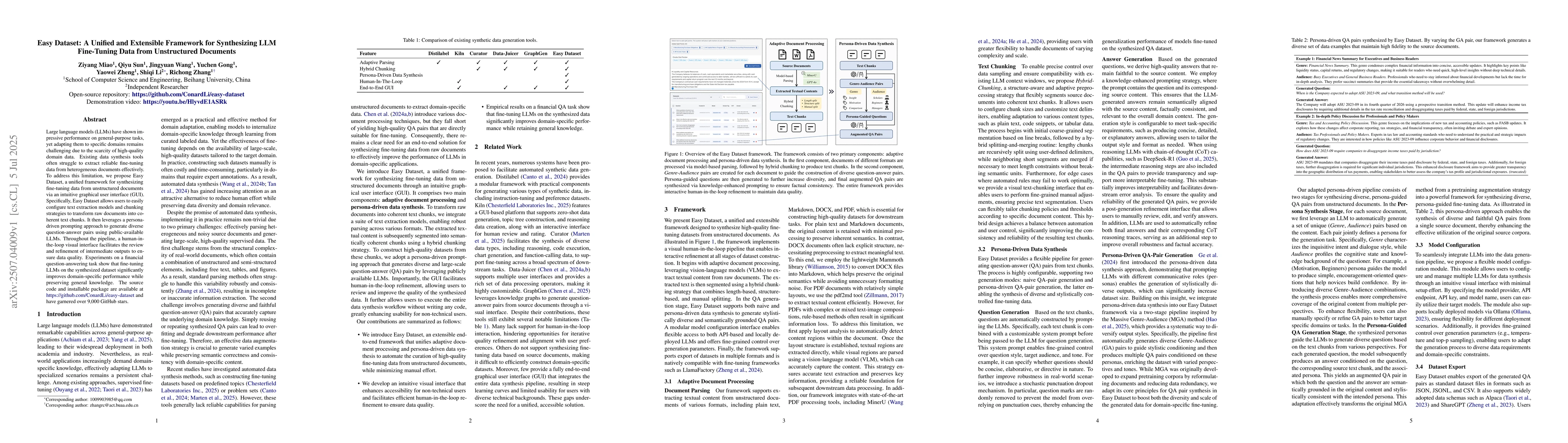 Thumbnail for Easy Dataset: A Unified and Extensible Framework for Synthesizing LLM
  Fine-Tuning Data from Unstructured Documents