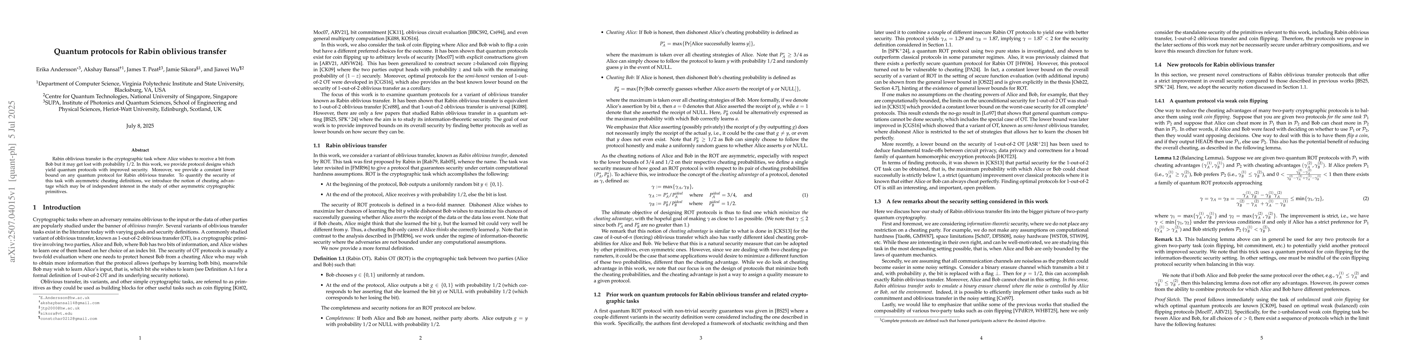 Thumbnail for Quantum protocols for Rabin oblivious transfer