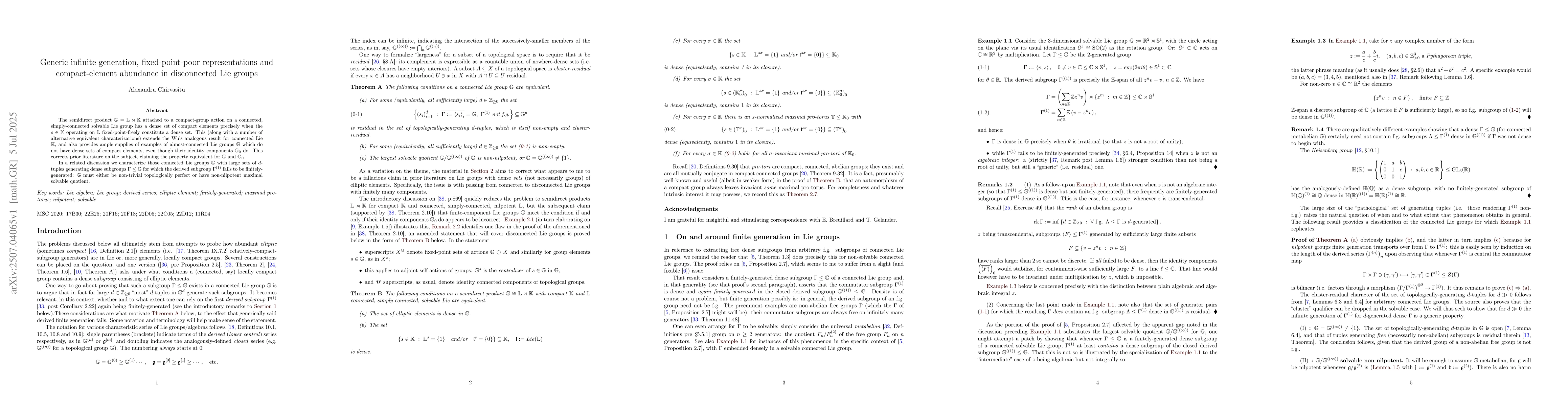 Thumbnail for Generic infinite generation, fixed-point-poor representations and
  compact-element abundance in disconnected Lie groups