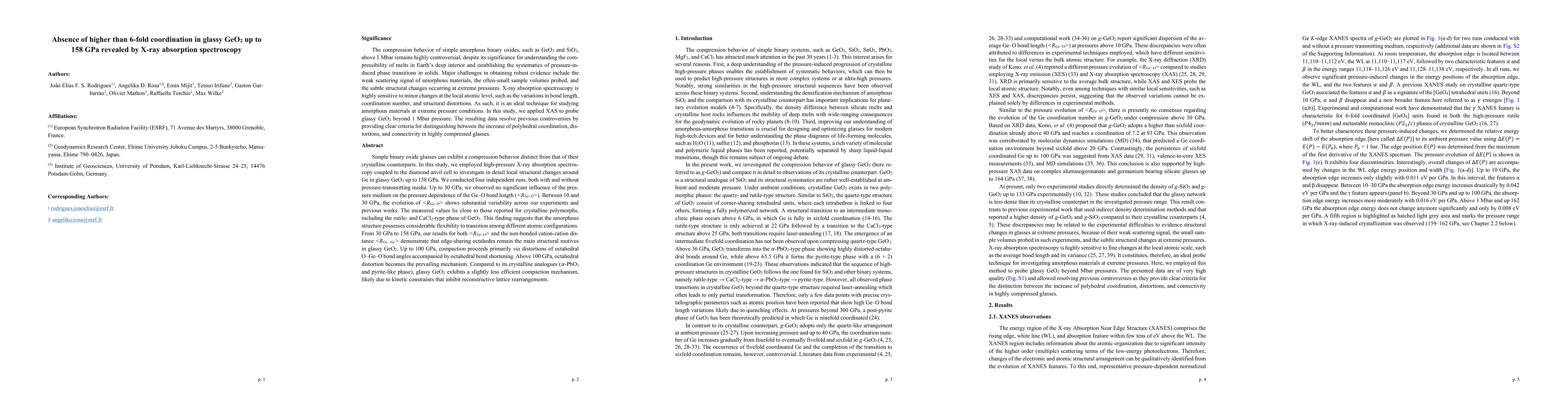 Thumbnail for Absence of higher than 6-fold coordination in glassy $GeO_{2}$ up to 158
  GPa revealed by X-ray absorption spectroscopy