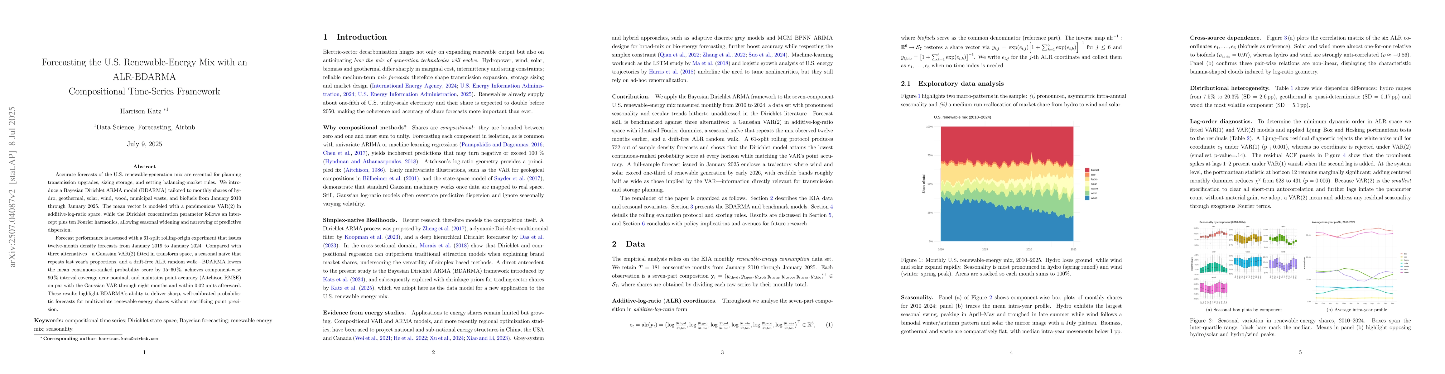 Thumbnail for Forecasting the U.S. Renewable-Energy Mix with an ALR-BDARMA
  Compositional Time-Series Framework
