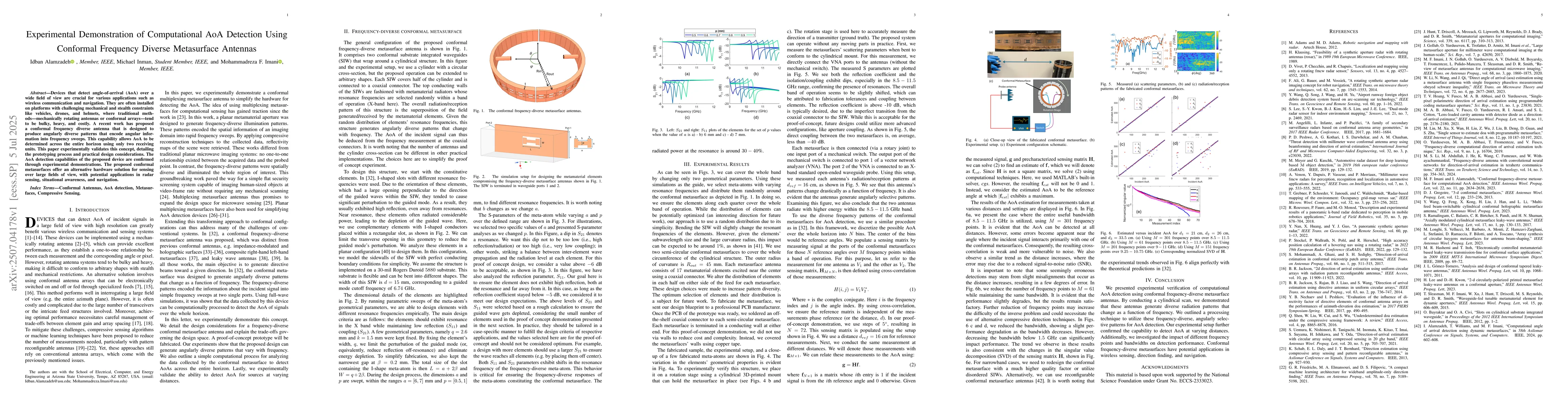 Thumbnail for Experimental Demonstration of Computational AoA Detection Using
  Conformal Frequency Diverse Metasurface Antennas