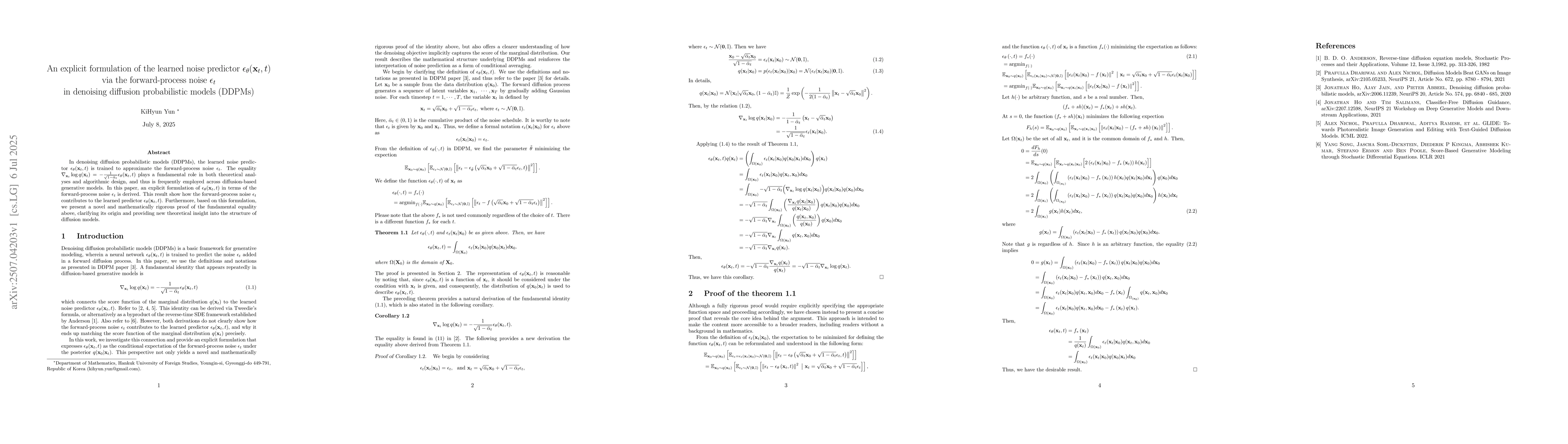 Thumbnail for An explicit formulation of the learned noise predictor
  $ε_θ({\bf x}_t, t)$ via the forward-process noise
  $ε_{t}$ in denoising diffusion probabilistic models (DDPMs)