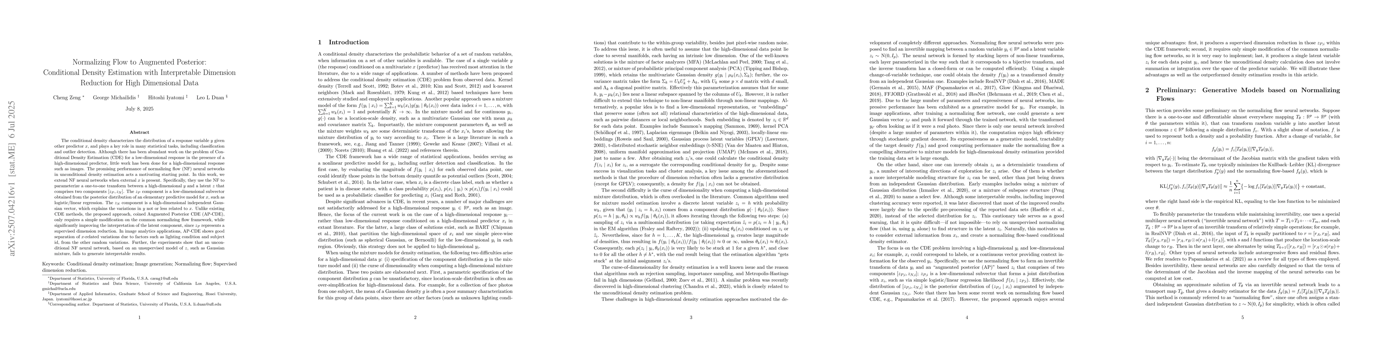 Thumbnail for Normalizing Flow to Augmented Posterior: Conditional Density Estimation
  with Interpretable Dimension Reduction for High Dimensional Data
