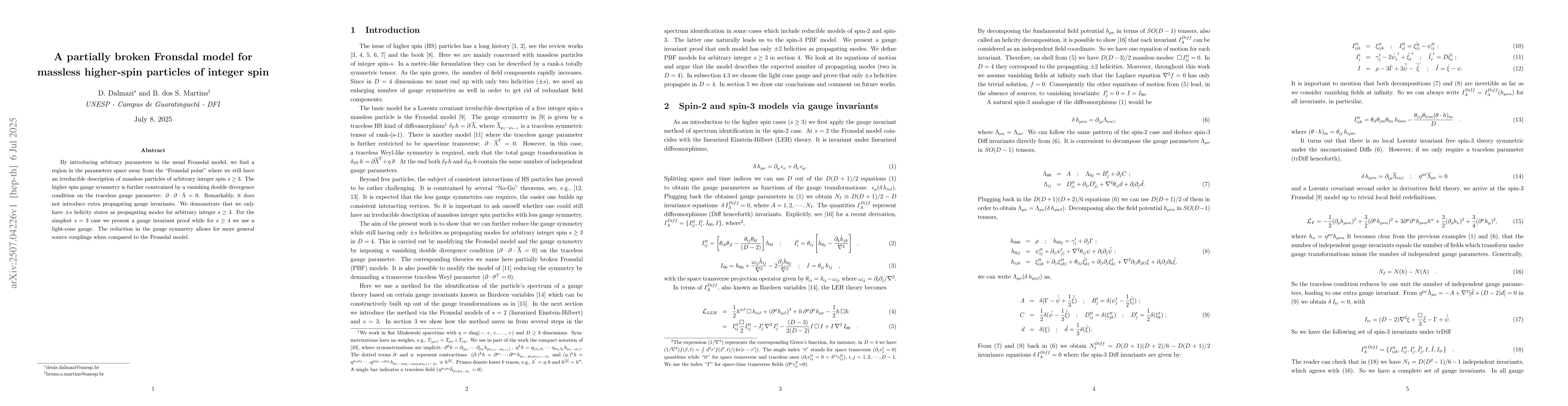 Thumbnail for A partially broken Fronsdal model for massless higher-spin particles of
  integer spin
