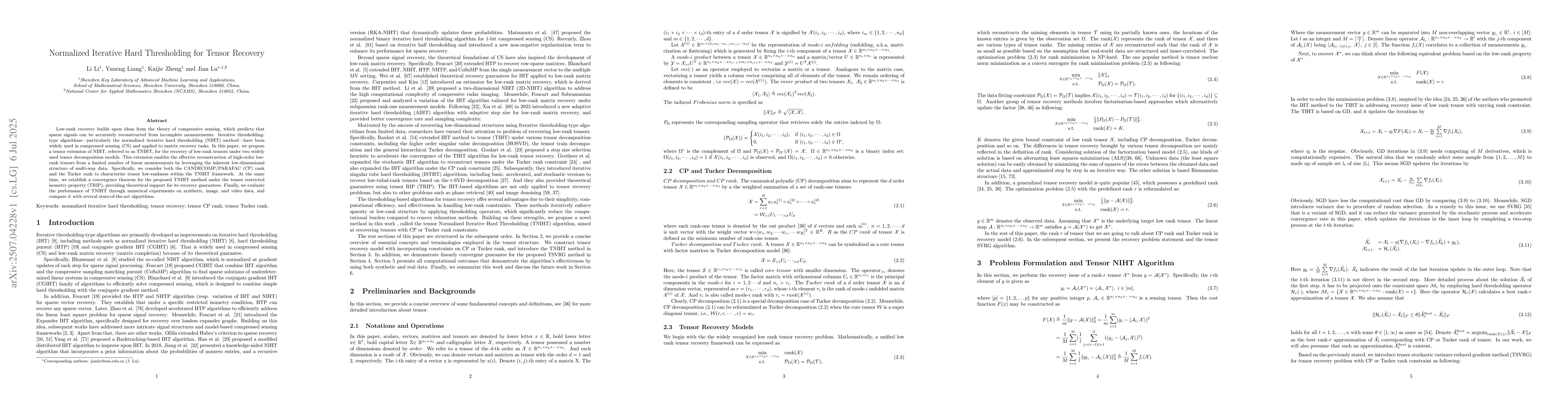 Thumbnail for Normalized Iterative Hard Thresholding for Tensor Recovery