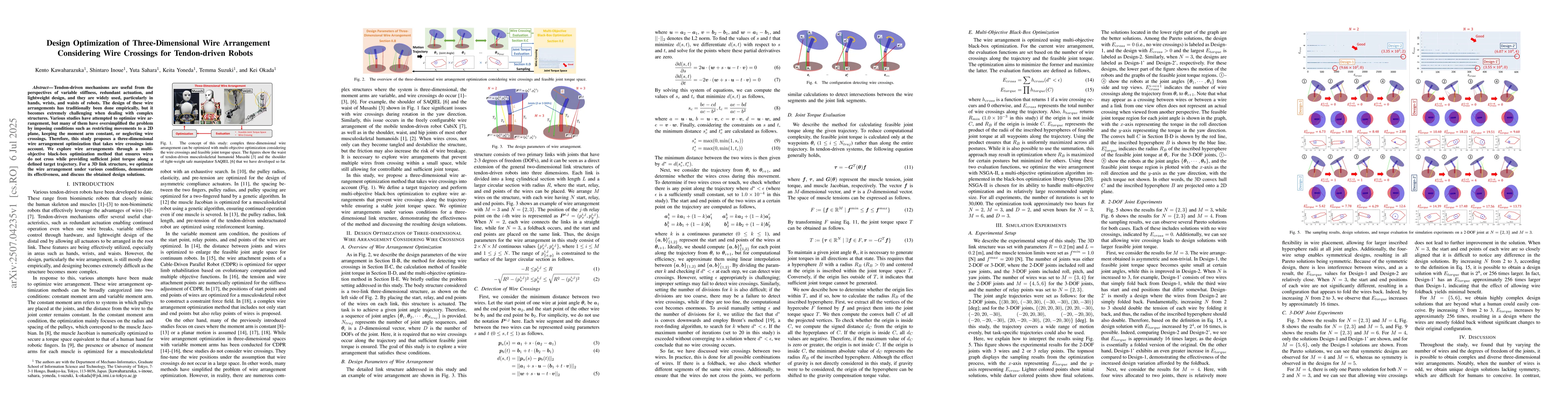Thumbnail for Design Optimization of Three-Dimensional Wire Arrangement Considering
  Wire Crossings for Tendon-driven Robots