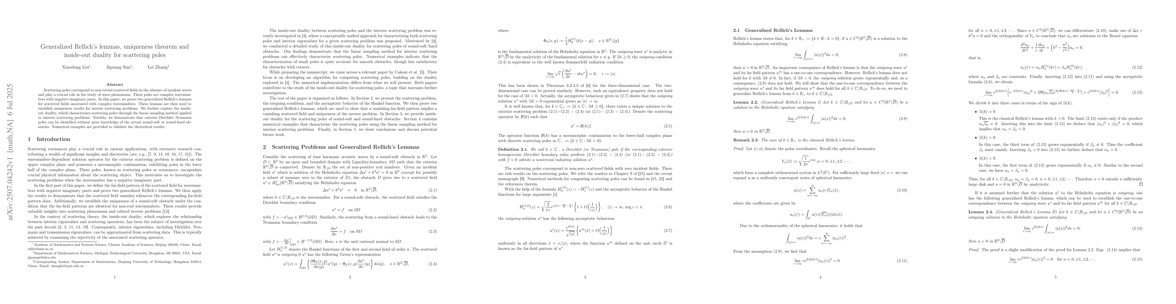 Thumbnail for Generalized Rellich's lemmas, uniqueness theorem and inside-out duality
  for scattering poles