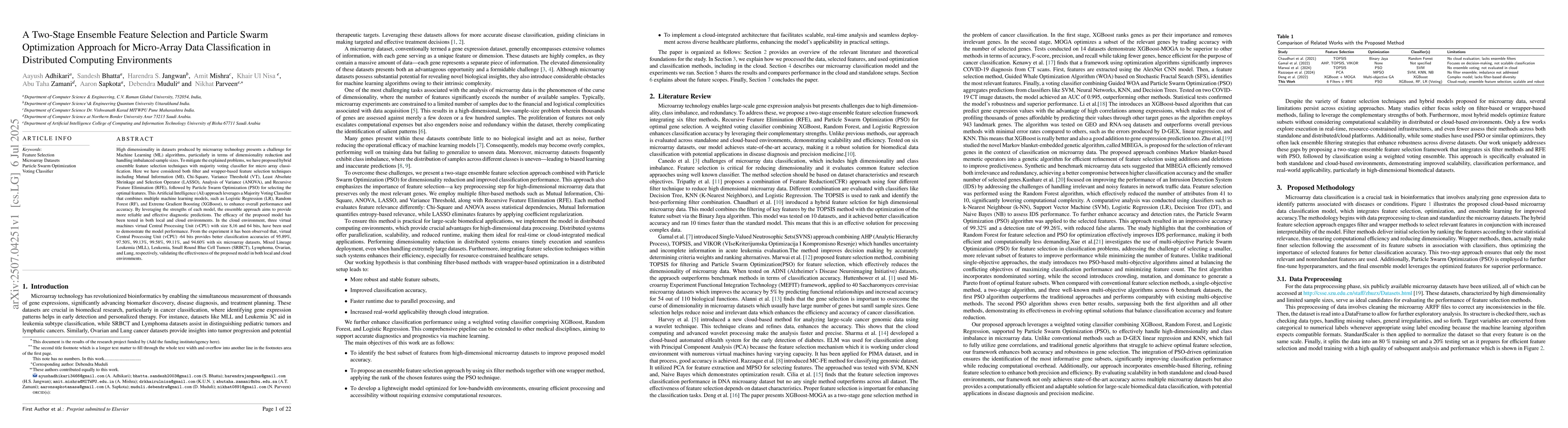 Thumbnail for ATwo-Stage Ensemble Feature Selection and Particle Swarm Optimization
  Approach for Micro-Array Data Classification in Distributed Computing
  Environments