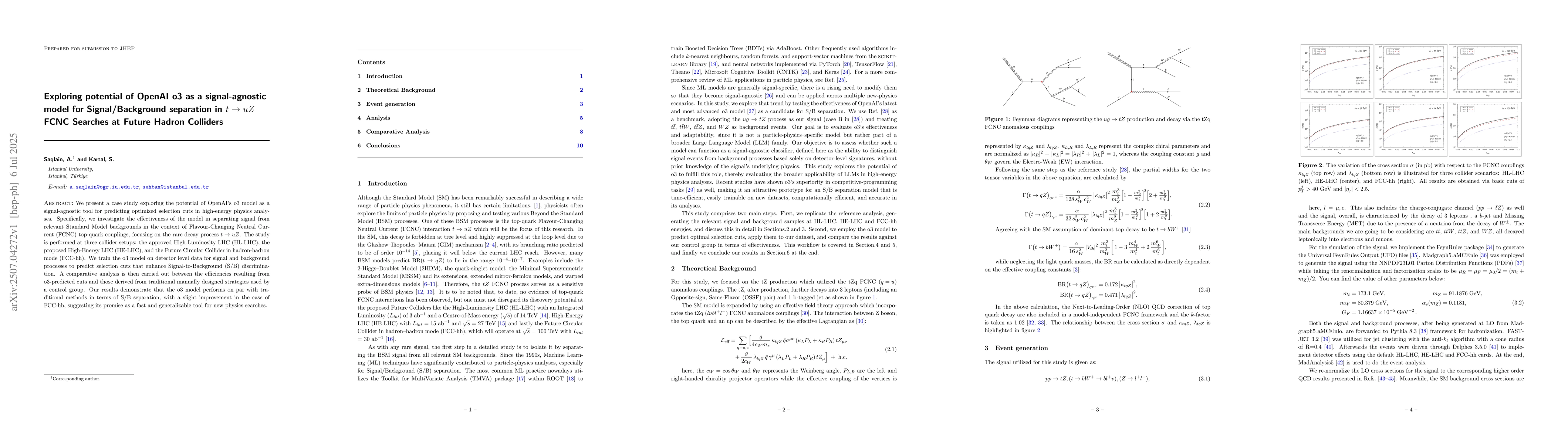 Thumbnail for Exploring potential of OpenAI o3 as a signal-agnostic model for
  Signal/Background separation in $t \rightarrow uZ$ FCNC Searches at Future
  Hadron Colliders