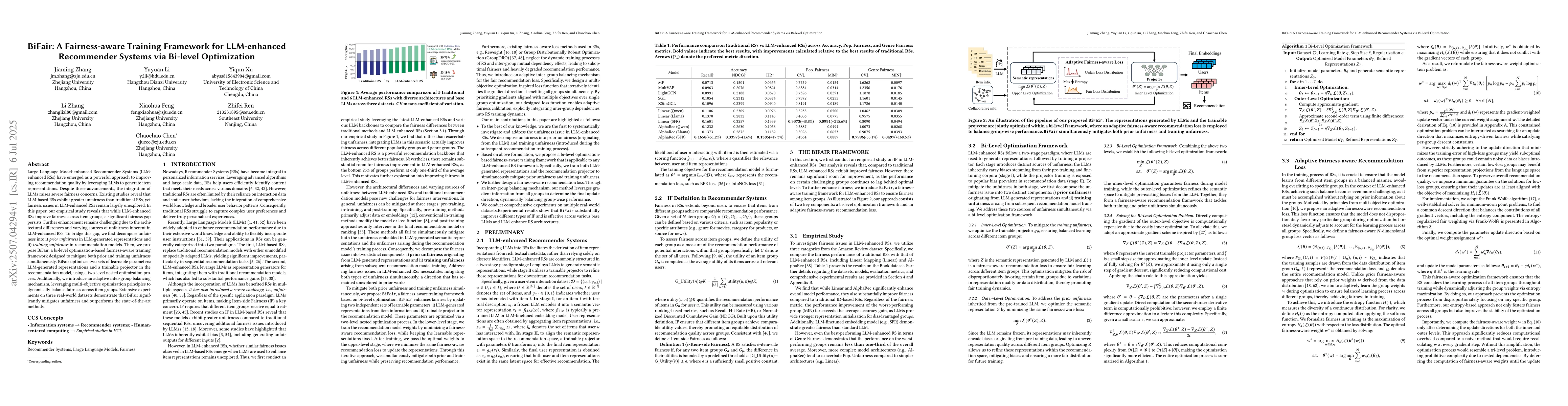 Thumbnail for BiFair: A Fairness-aware Training Framework for LLM-enhanced Recommender
  Systems via Bi-level Optimization