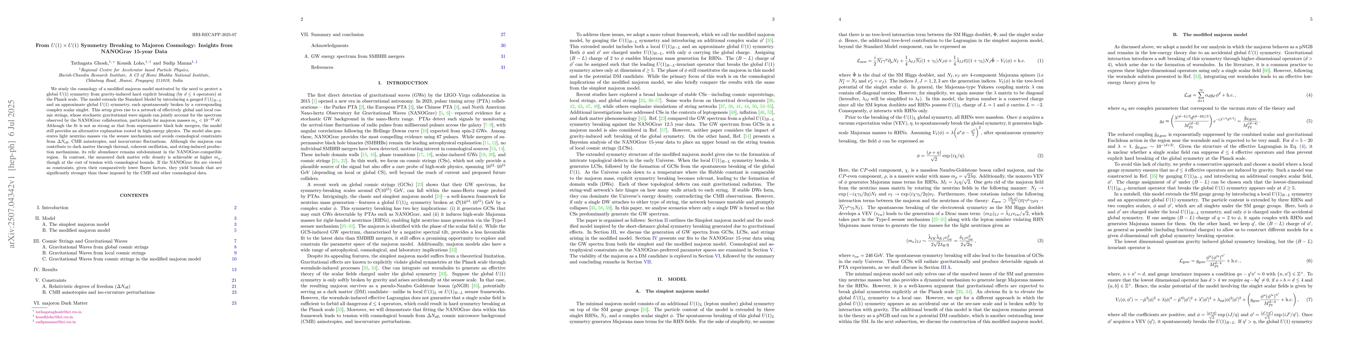 Thumbnail for From $U(1) \times U(1)$ Symmetry Breaking to Majoron Cosmology: Insights
  from NANOGrav 15-year Data