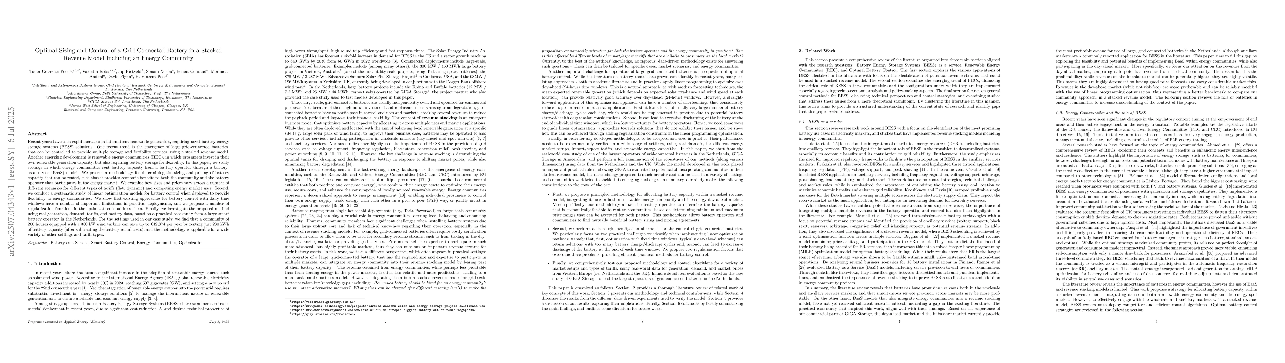 Thumbnail for Optimal Sizing and Control of a Grid-Connected Battery in a Stacked
  Revenue Model Including an Energy Community