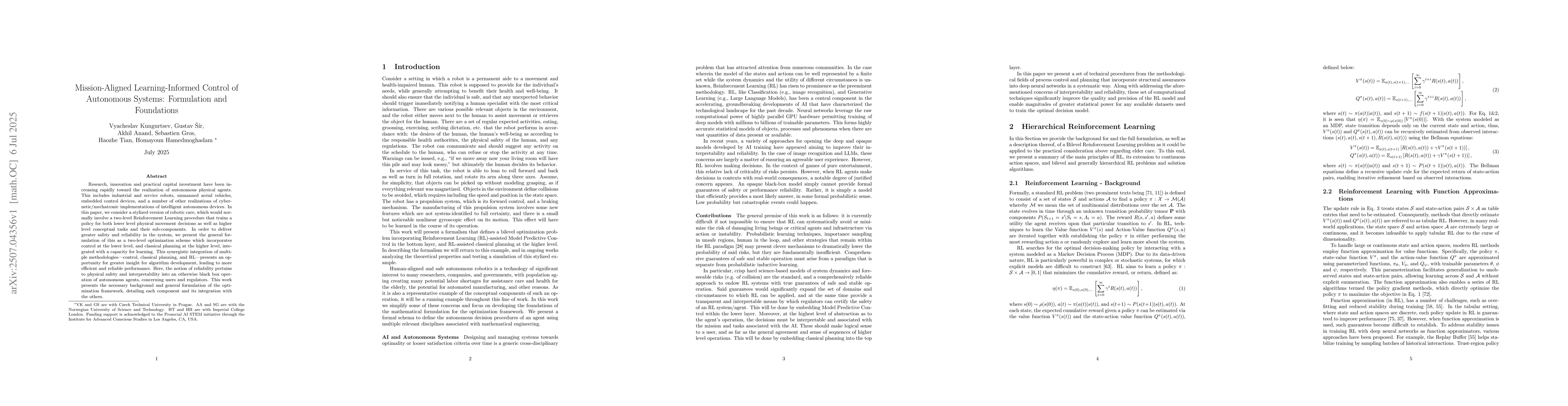 Thumbnail for Mission-Aligned Learning-Informed Control of Autonomous Systems:
  Formulation and Foundations
