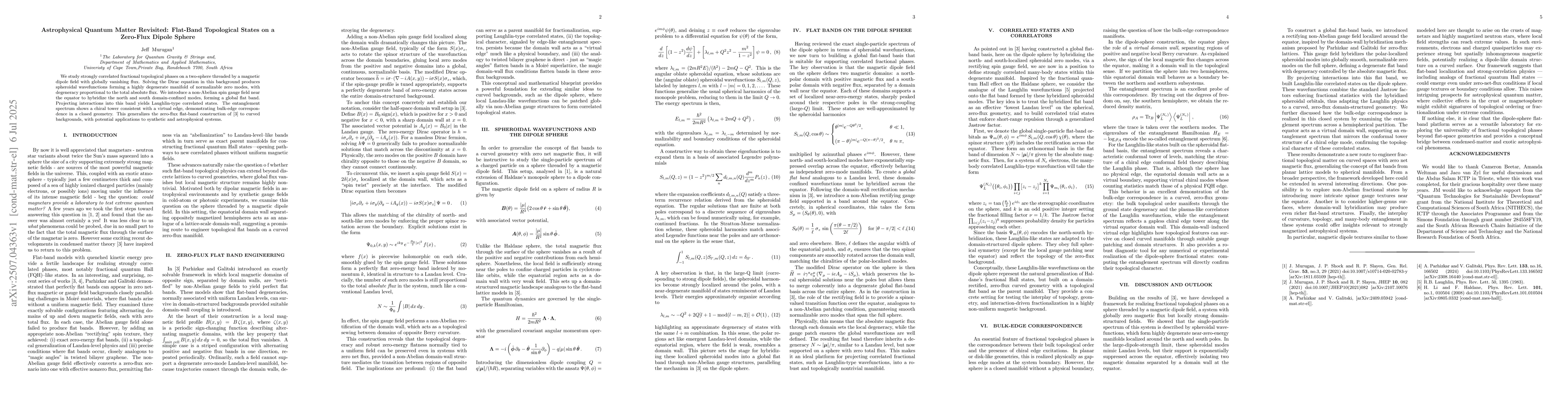 Thumbnail for Astrophysical Quantum Matter Revisited: Flat-Band Topological States on
  a Zero-Flux Dipole Sphere