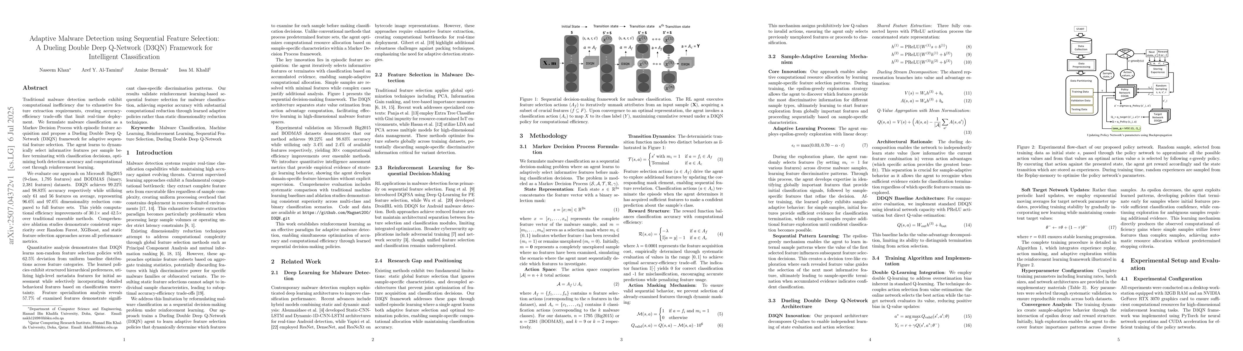 Thumbnail for Adaptive Malware Detection using Sequential Feature Selection: A Dueling
  Double Deep Q-Network (D3QN) Framework for Intelligent Classification