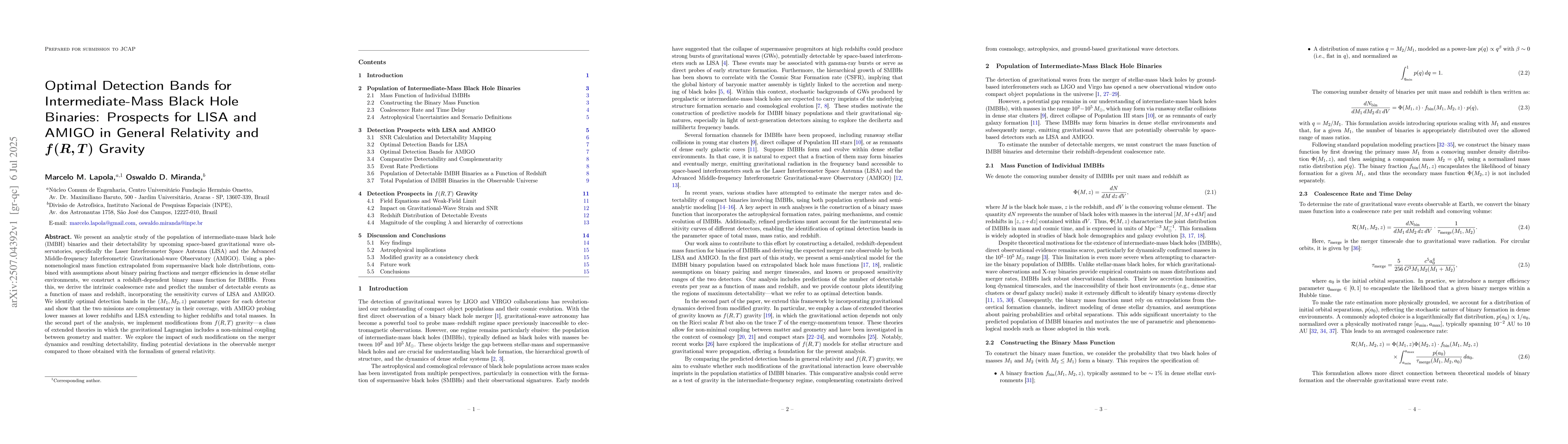 Thumbnail for Optimal Detection Bands for Intermediate-Mass Black Hole Binaries:
  Prospects for LISA and AMIGO in General Relativity and $f(R, T)$ Gravity