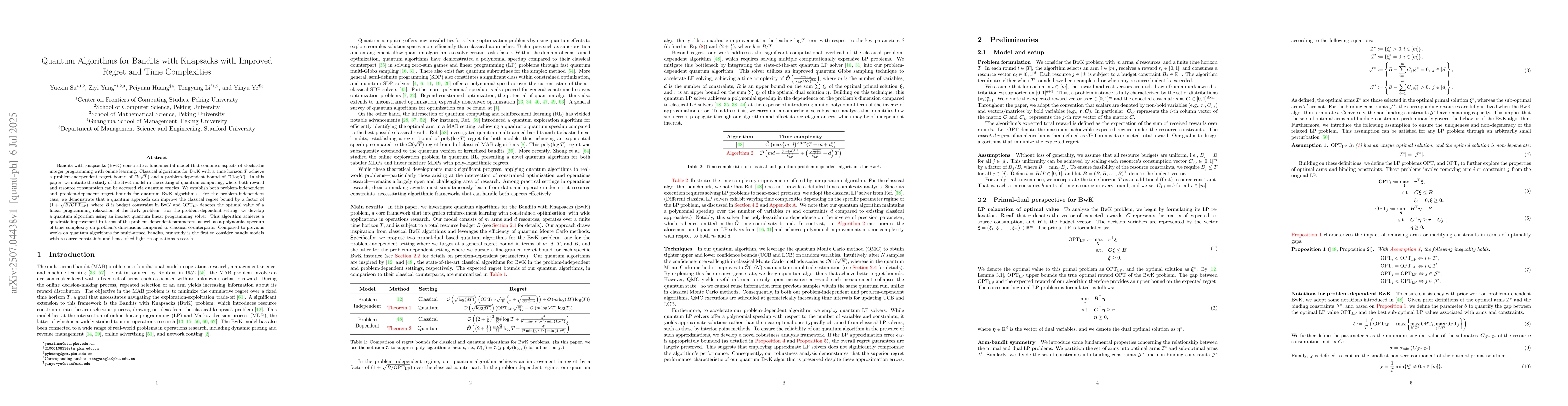 Thumbnail for Quantum Algorithms for Bandits with Knapsacks with Improved Regret and
  Time Complexities